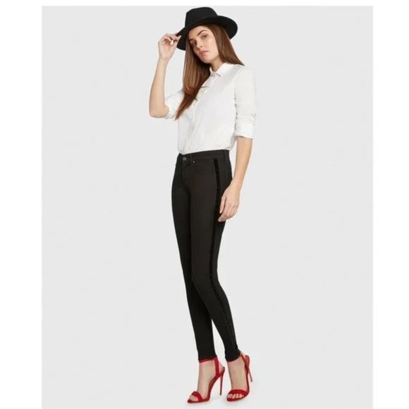 Principle Denim Innovators~Dreamer Black Velvet Tuxedo Stripe Skinny Jeans in 28 - Picture 1 of 16